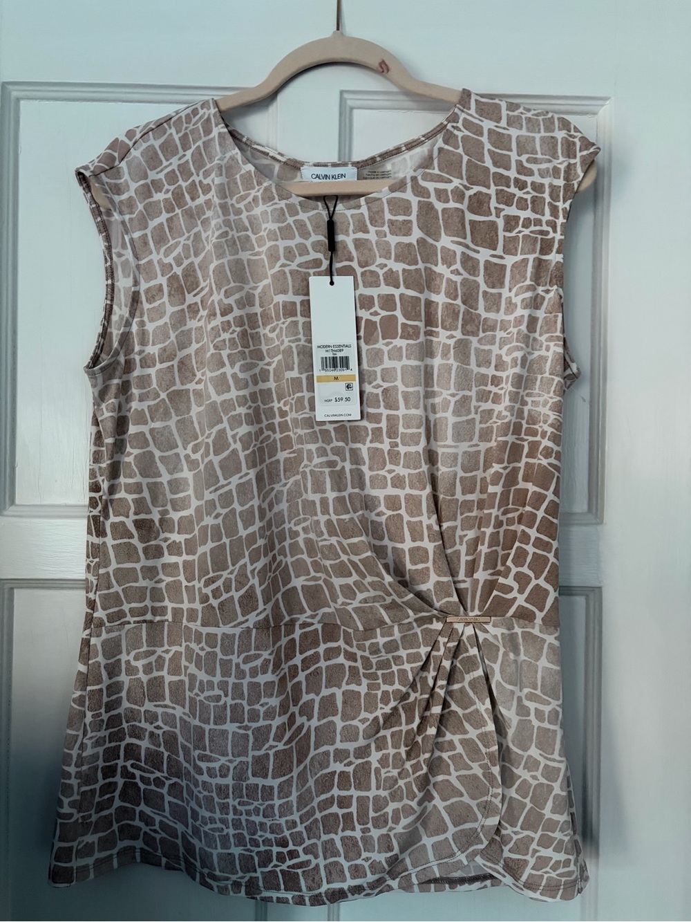 Calvin Klein Beige Taupe Patterned Twist-Front Sleeveless Top medium